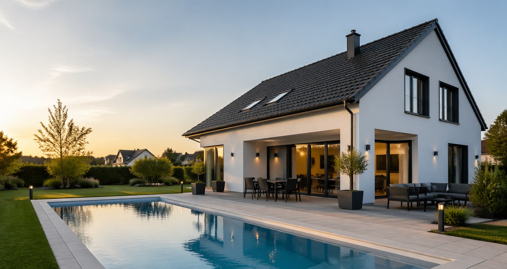 Moderní bílý rodinný dům s antracitovou střechou a okny